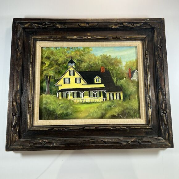 The Sea Captains House Vintage Oil Painting Yellow Farm House Coastal Landscape - Picture 1 of 16